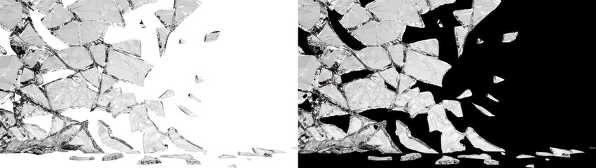Fototapeta premium Smashed glass shards scattered Shattered glass pieces scattered on a white surface background isolated on transparent background White broken glass with spiderweb cracks on a split black-and-white