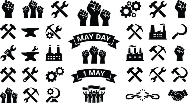 May Day labor movement symbols and icons on white background