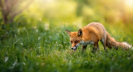 Fototapeta premium Joyful red fox interacting with natural greenery in woods