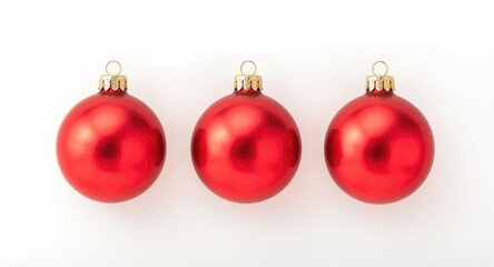 Naklejka premium Set of three polished red Christmas tree decorations aligned on white background ideal for holiday ornament displays