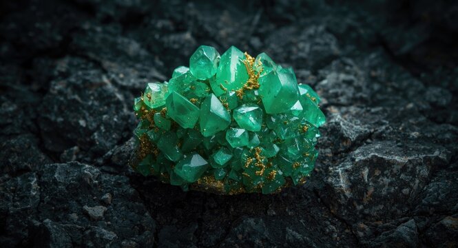 Chrysoprase mineral showcasing bright green colors accented by gold inclusions on a textured rough terrain