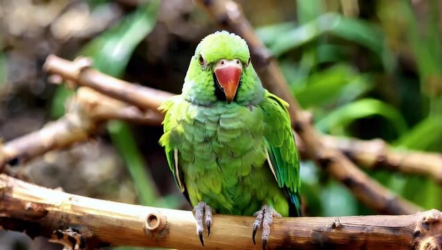 Vibrant green parrot perched on branch surrounded by natural foliage