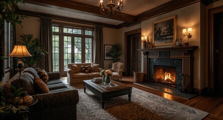 Fototapeta premium Luxurious living room in traditional home with fireplace crackling brightly