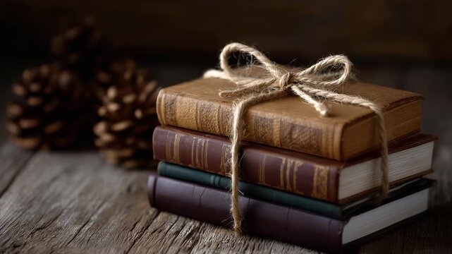 Close-up of a pile of classic novels tied together with twine on a rustic wooden table, soft natural lighting highlighting book textures