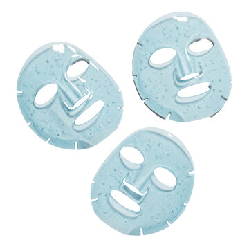 Three light blue translucent hydrogel sheet masks with a glossy wet texture floating on a solid transparent background concept of modern skincare purity