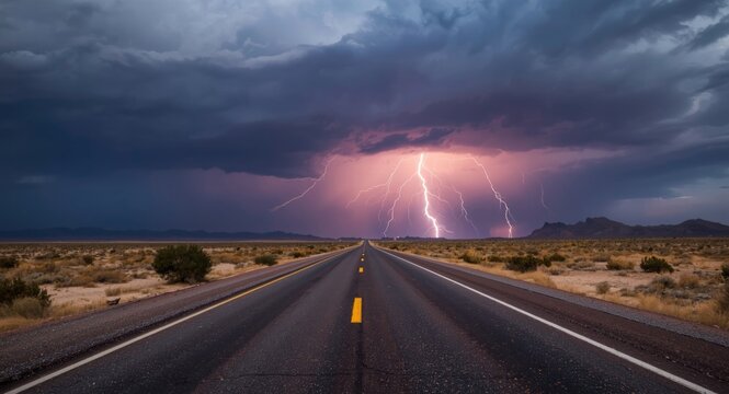 Quiet highway stretching through desert with active lightning storm