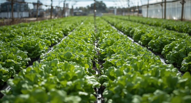 Organic crisp lettuce thriving in a rural greenhouse environment using drip irrigation techniques