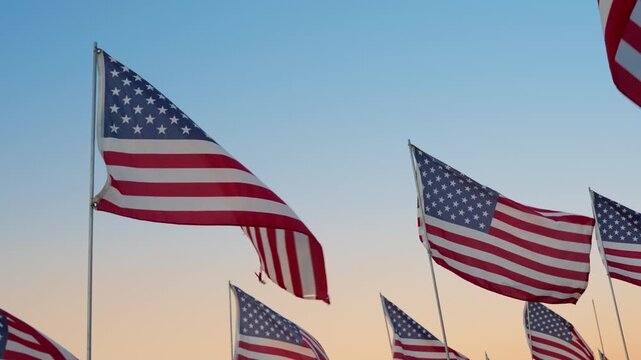 Golden sunset over American flags in Malibu, California, USA marking September 11 memorial, glowing sky and waving flags creating cinematic patriotic tribute scene. Slow motion
