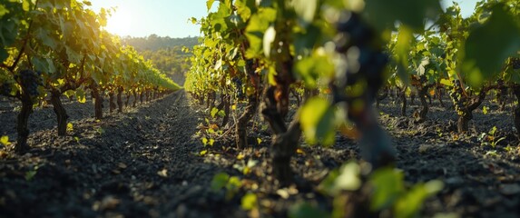 Obraz premium Fresh vineyard panorama focusing on black volcanic soil and vibrant grape plants in bright ambiance