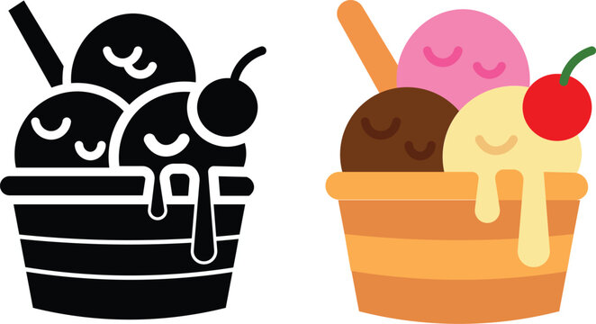 Cute ice cream sundae bowl vector icons, flat cartoon dessert with cherry and scoops, colorful and black silhouette sundae illustrations