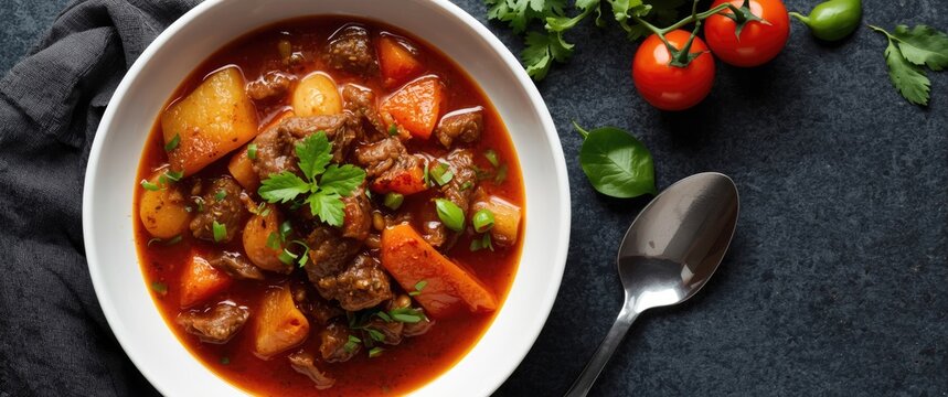 Hearty and colorful vegetable beef stew served in white bowl overhead with space for text