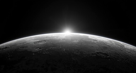 Fototapeta premium Fantasy art portraying the moon's surface textures contrasting with Earth's bright horizon in monochrome