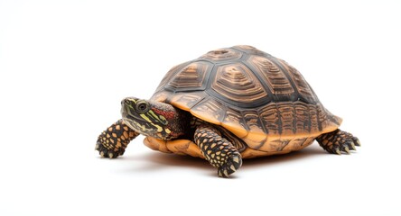 Obraz premium Red eared turtle resting on an even white backdrop