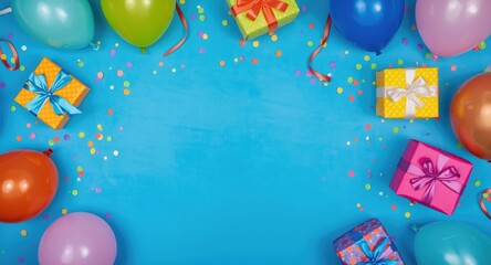 Naklejka premium Flat lay of festive party decorations with colorful balloons gifts and confetti on vivid blue background