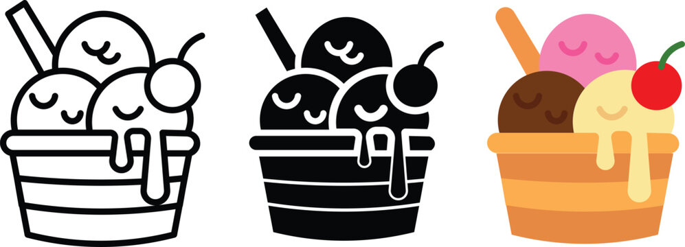 Kawaii ice cream sundae icons, cute dessert bowl with smiling scoops and cherry, flat vector set for summer menus and stickers