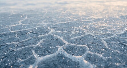 Obraz premium Frozen surface patterns featuring intricate cracks and fissures in winter texture