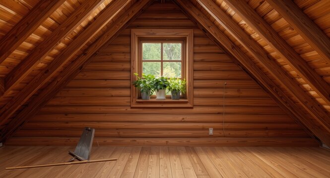 Plant decorated attic with wooden roof hatch and window emphasizing chimney sweep and upkeep concepts