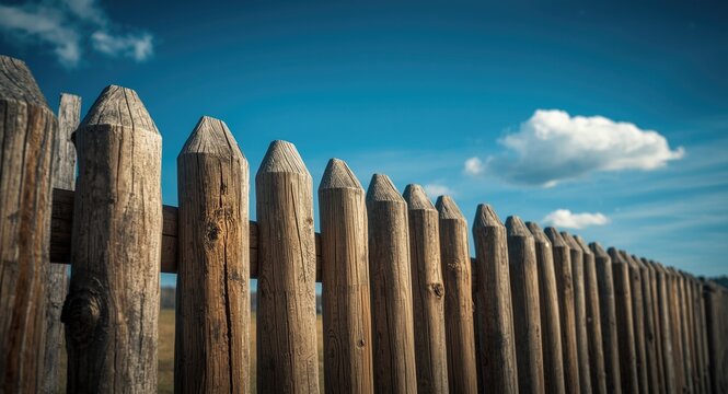 Old pointed log stockade fence showing natural wood texture with blue sky in background