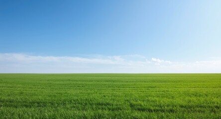 Obraz premium Green grass ground with a crisp and clear sky horizon