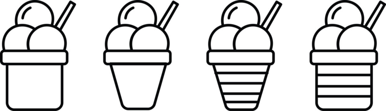 Minimalist ice cream cup icons set, black and white line art sundae illustrations, frozen yogurt dessert vector collection for menu design