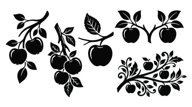 Black silhouette illustrations of apples and leaves