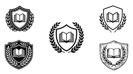 Collection of black book shield icons with laurel wreaths © Saika