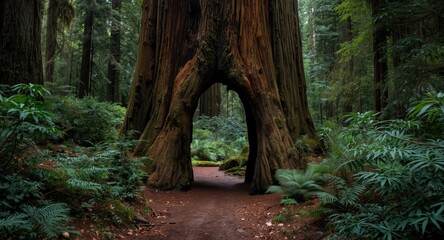 Obraz premium Scenic gateway to a protected redwood forest surrounded by dense greenery