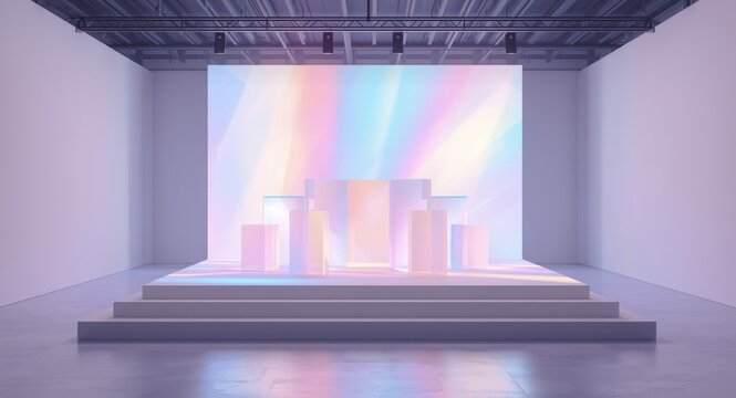 Empty surreal stage setup with glass rectangular prisms against a pastel neon holographic backdrop for cosmetic mockup presentation