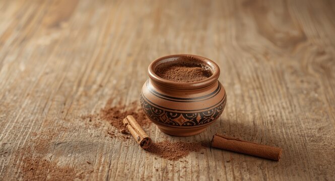 Handcrafted jarrito holding traditional Mexican coffee with piloncillo and cinnamon placed on a textured wooden surface
