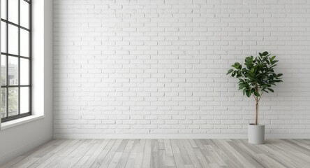 Open interior design with white brick wall, expansive window, and decorative green potted plant