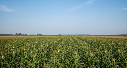 Naklejka premium Panoramic view of a large green field with rows of young corn plants under a clear sky