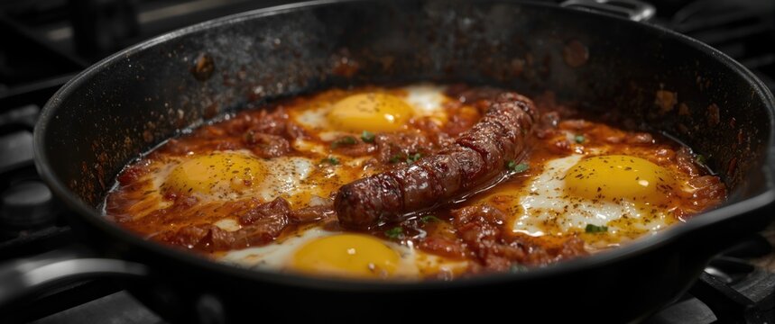 Fried eggs with spicy sausage cooking in a deep frying pan