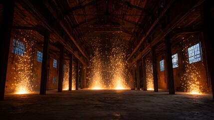 Obraz premium Spectacular orange pyrotechnic bursts illuminate a dark cavernous industrial loft space with structural columns and