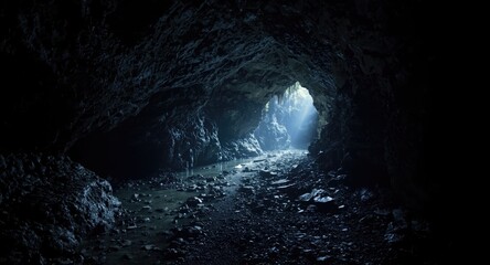 Fototapeta premium Emerging illumination in a shadowy cave passage illustrating escape from ignorance and confinement