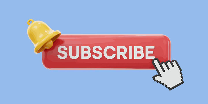 Red subscribe button with bell and hand cursor on blue background