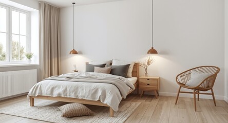 Fototapeta premium Minimalist bedroom interior with warm Scandinavian decor