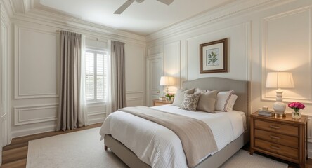 Fototapeta premium Bedroom dÃ©cor combining classic crown molding and detailed wall paneling to create a perfect text-friendly backdrop