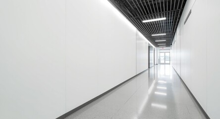 Obraz premium Modern indoor corridor showing plain white wall optimized for copy space text