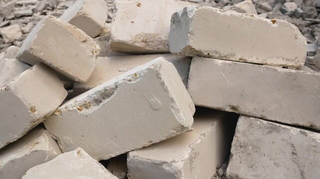 Pile of bricks lying on the ground at a construction site. Concept of building, reconstruction, and use of construction materials. Industrial scene, renovation process, and development of