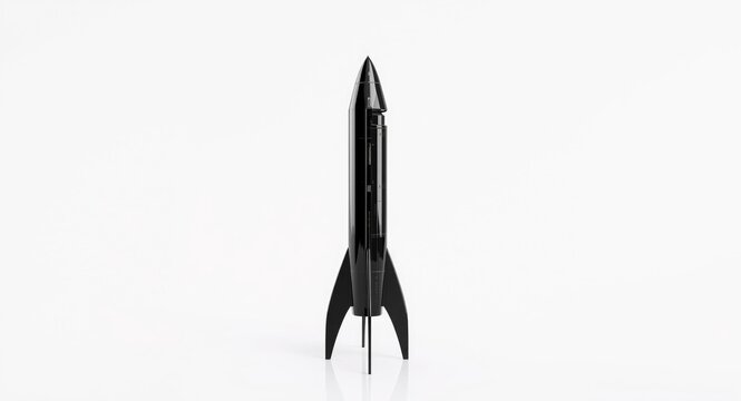 Isolated black steel rocket model on a minimalist white background