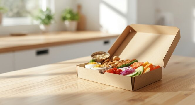 Healthy eating box including pita hummus eggs and sliced vegetables set on copy space