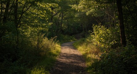 Fototapeta premium Quiet bending trail through thick green woods highlighted by warm sunlight