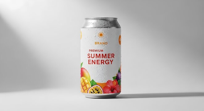 Premium summer energy drink can with colorful fruit design and brand label