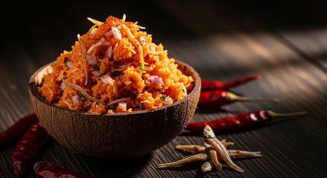 Pol Sambol served in coconut shell with dried chilies, Sri Lankan cuisine