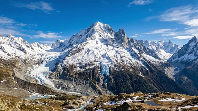 Stunning Mont Blanc Massif Landscape with Snow and Glaciers Under Blue Sky.