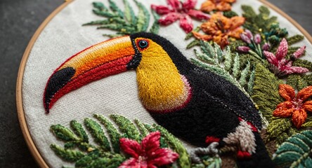 Obraz premium Tropical bird inspired embroidery featuring toucan and colorful vegetation