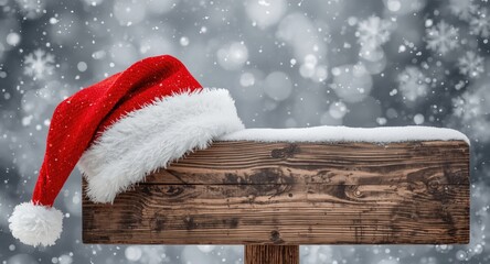 Naklejka premium Santa hat resting on aged wooden sign with snowy background and copy space