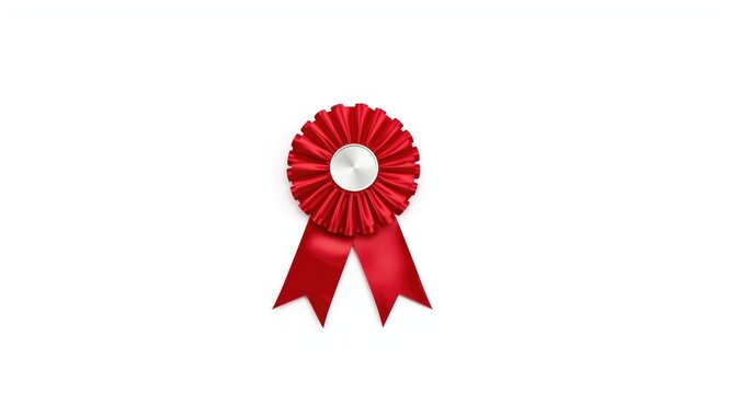 Bright crimson rosette ribbon with round pleats and white center on simple white background