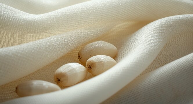 Natural silk creation highlighted by white silkworm cocoons on soft textured textile