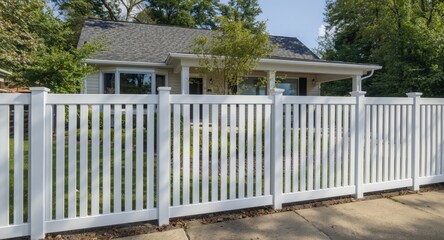 Fototapeta premium A sleek white plastic fence around a contemporary cottage offering safety with visual grace